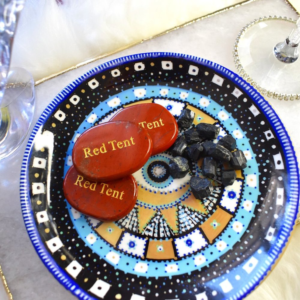 "Red Tent" inscribed Red Jasper Palm Stone and Black Tourmaline Stone